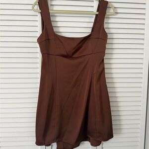 Brown Square-Neck Satin Mini Dress